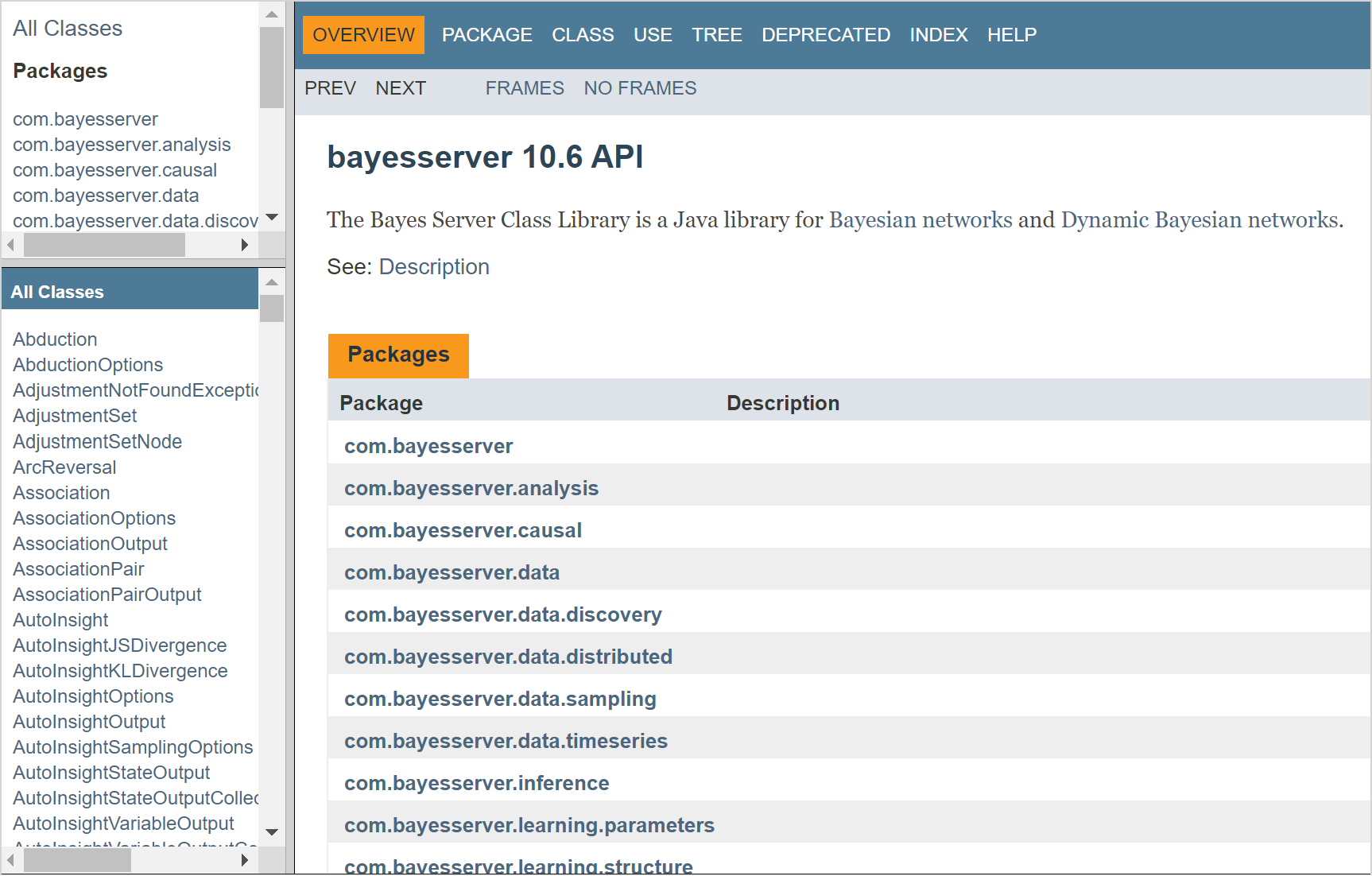 Bayes Server Java API docs